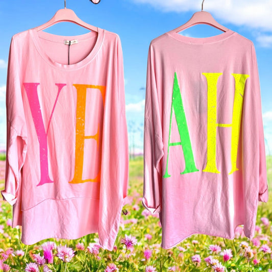 oversized Langarm Shirt "YEAH", rosa