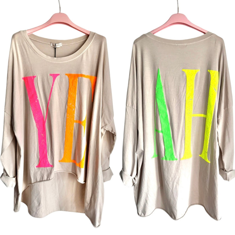 oversized Langarm Shirt "YEAH", beige