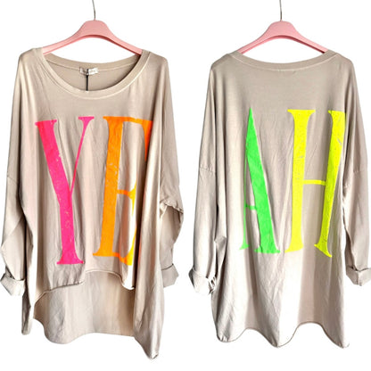 oversized Langarm Shirt "YEAH", beige