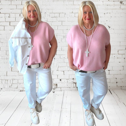 Denim Hose „RIVETS" mit elastischem Bund, weiß