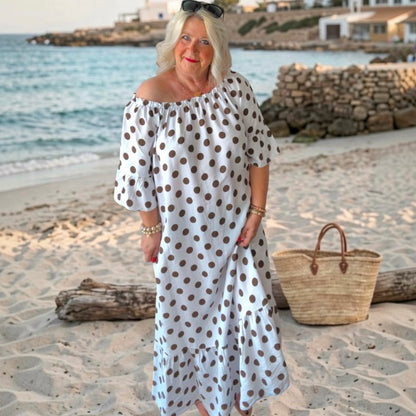 Carmen Maxi Kleid "POLKA DOTS", weiß/schoko