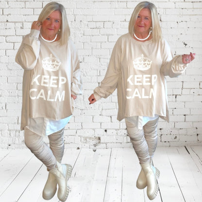 oversized Langarm Shirt "KEEP CALM", beige
