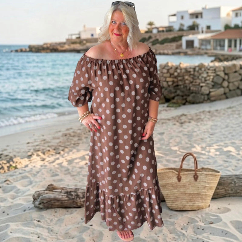 Carmen Maxi Kleid "POLKA DOTS", braun/weiß
