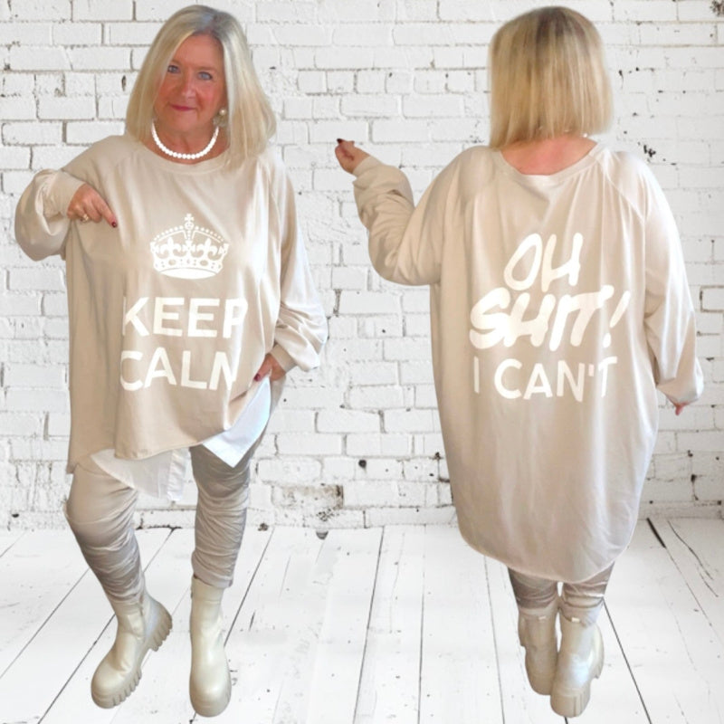 oversized Langarm Shirt "KEEP CALM", beige