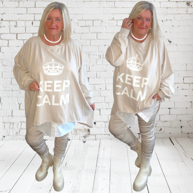 oversized Langarm Shirt "KEEP CALM", beige