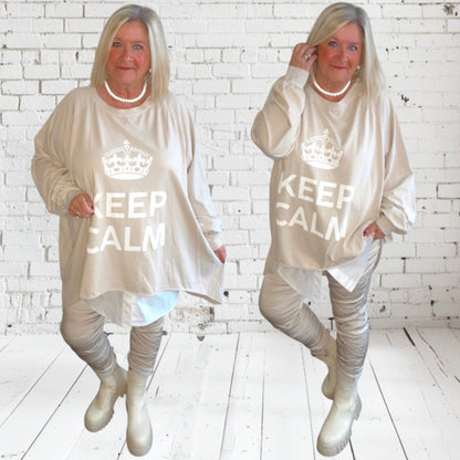 oversized Langarm Shirt "KEEP CALM", beige