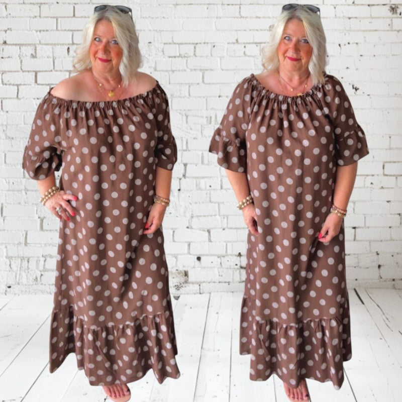 Carmen Maxi Kleid "POLKA DOTS", braun/weiß