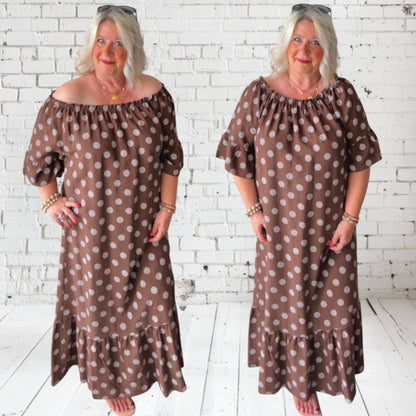 Carmen Maxi Kleid "POLKA DOTS", braun/weiß