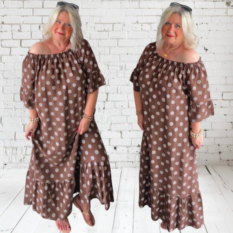 Carmen Maxi Kleid "POLKA DOTS", braun/weiß