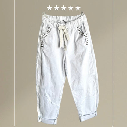 Denim Hose „RIVETS" mit elastischem Bund, weiß