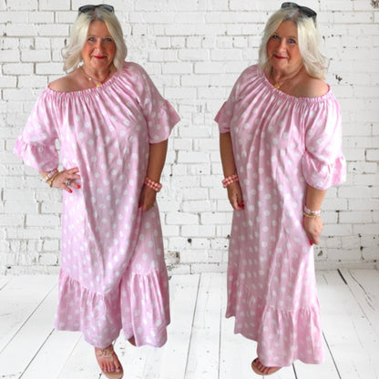 Carmen Maxi Kleid "POLKA DOTS", rosa/weiß