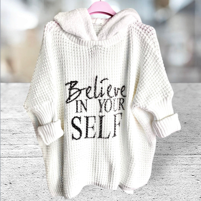 Hoodie "BELIEVE" mit Teddy Kapuze, off-white