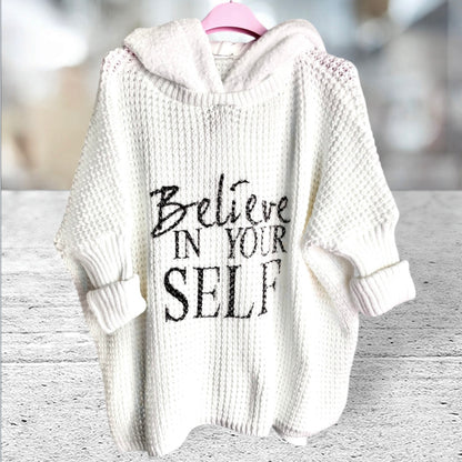 Hoodie "BELIEVE" mit Teddy Kapuze, off-white