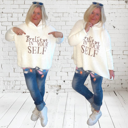 Hoodie "BELIEVE" mit Teddy Kapuze, off-white