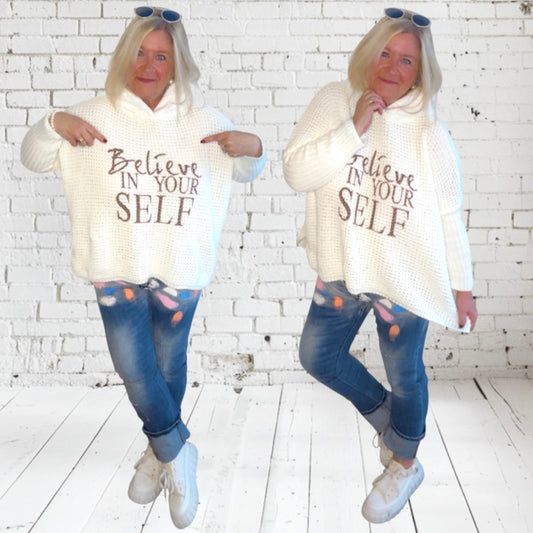 Hoodie "BELIEVE" mit Teddy Kapuze, off-white