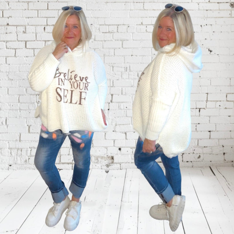 Hoodie "BELIEVE" mit Teddy Kapuze, off-white