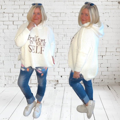 Hoodie "BELIEVE" mit Teddy Kapuze, off-white