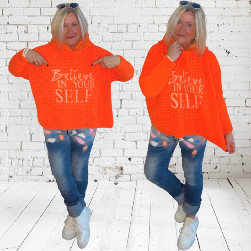 Hoodie "BELIEVE" mit Teddy Kapuze, neonorange