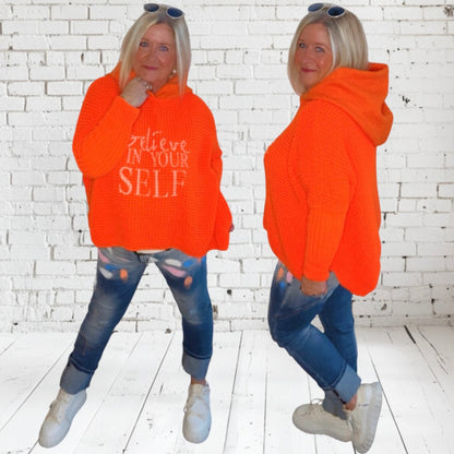 Hoodie "BELIEVE" mit Teddy Kapuze, neonorange
