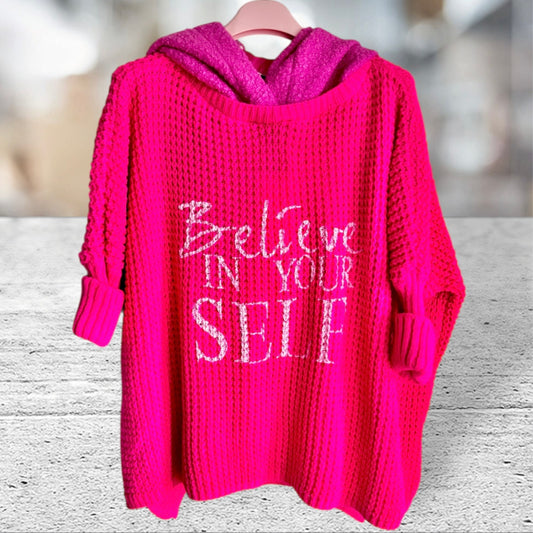 Hoodie "BELIEVE" mit Teddy Kapuze, neonpink