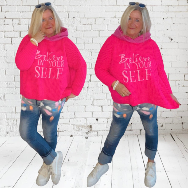 Hoodie "BELIEVE" mit Teddy Kapuze, neonpink