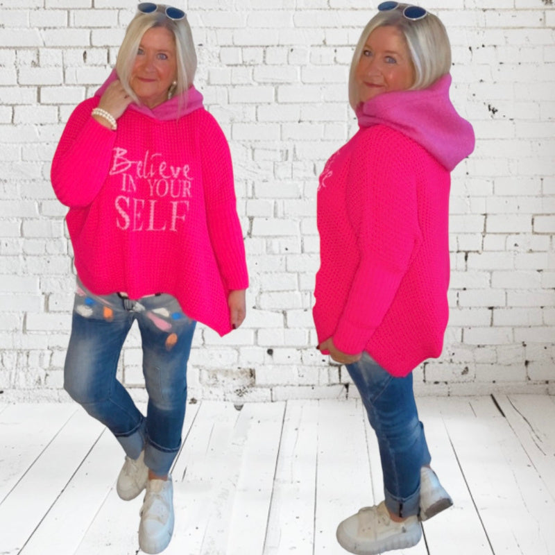 Hoodie "BELIEVE" mit Teddy Kapuze, neonpink