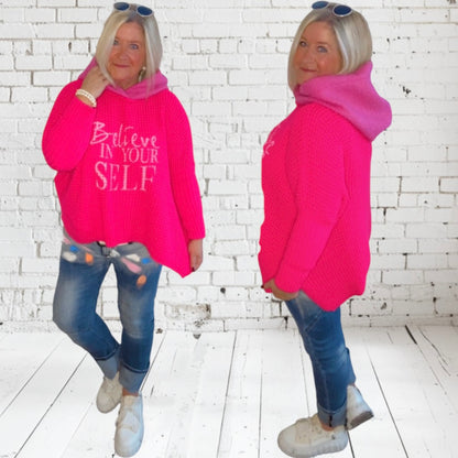 Hoodie "BELIEVE" mit Teddy Kapuze, neonpink