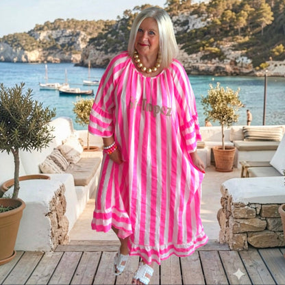 Maxi Kleid "ST. TROPEZ", neonpink/weiß