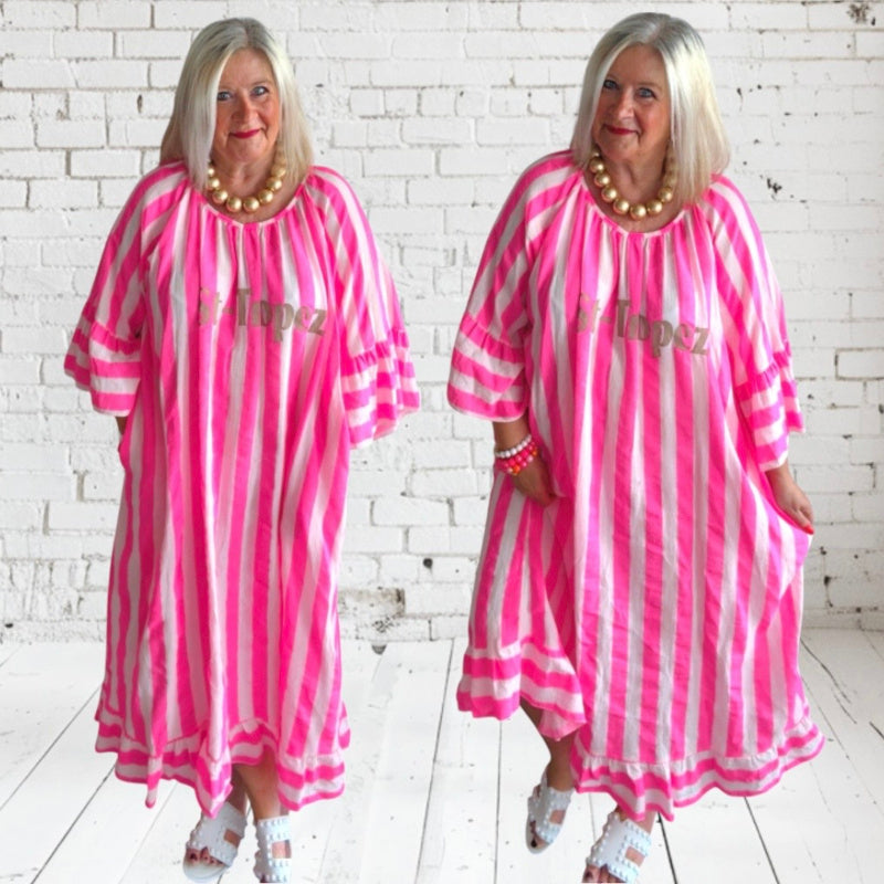 Maxi Kleid "ST. TROPEZ", neonpink/weiß