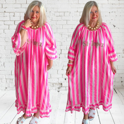 Maxi Kleid "ST. TROPEZ", neonpink/weiß