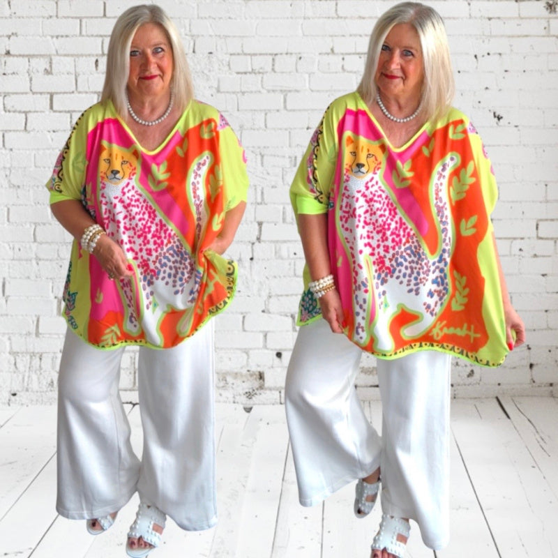 ROSE Shirt "FLOWER POWER", neongelb/pink/orange