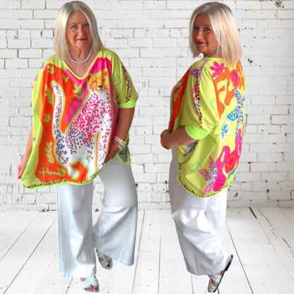 ROSE Shirt "FLOWER POWER", neongelb/pink/orange