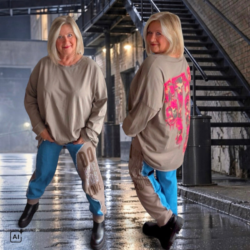 Jeans Sweat Hose "DO WHAT YOU LOVE" mit Strass