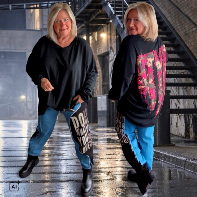 Jeans Sweat Hose "DO WHAT YOU LOVE" mit Strass
