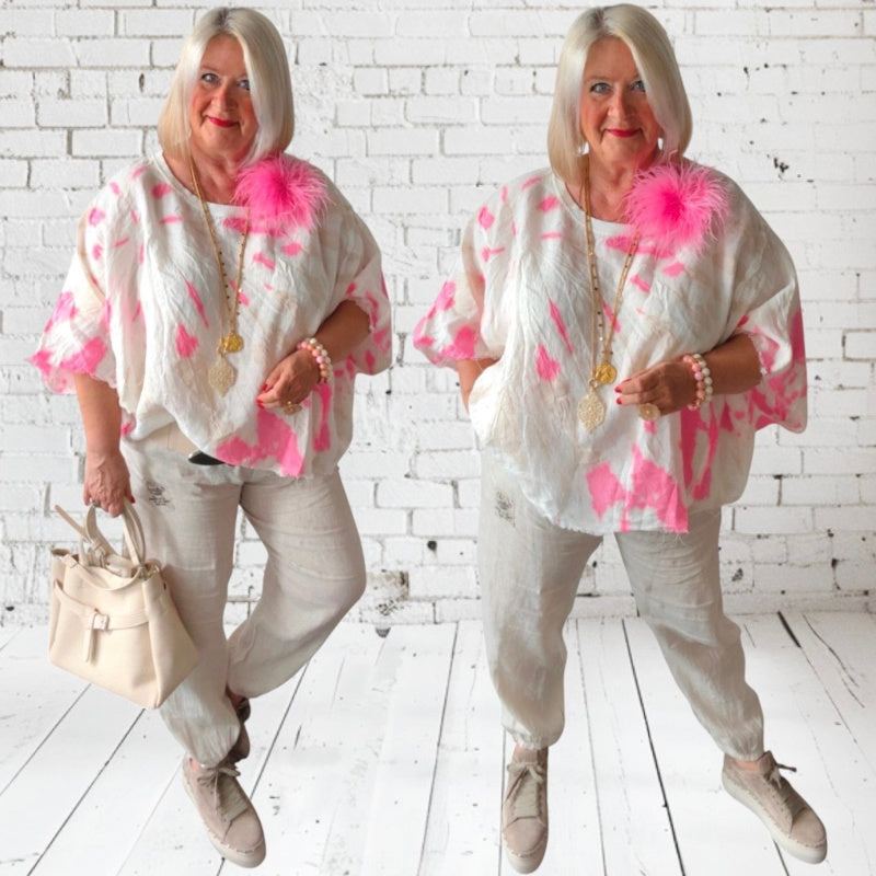 Leinen oversized Shirt "TIE DYE", beige/pink