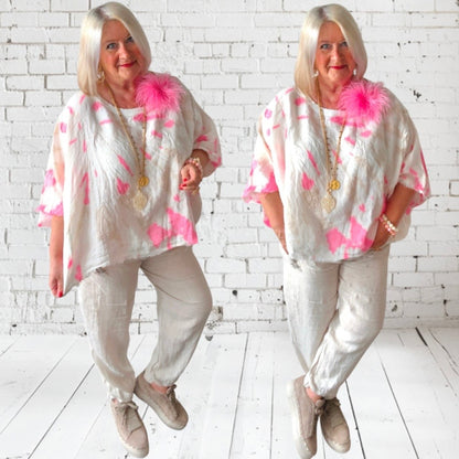 Leinen oversized Shirt "TIE DYE", beige/pink