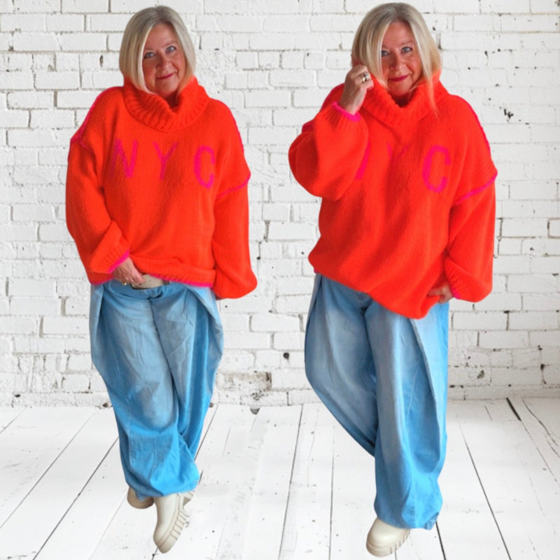 Rollkragen Pullover "NYC", neonorange