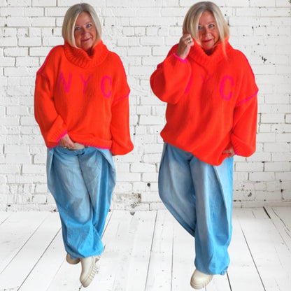Rollkragen Pullover "NYC", neonorange