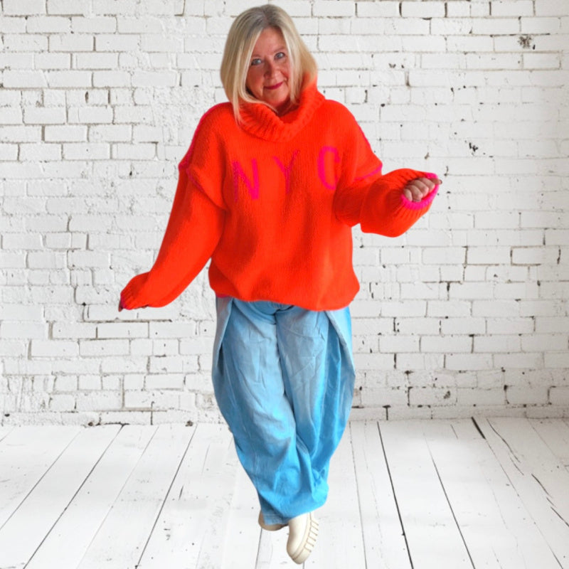Rollkragen Pullover "NYC", neonorange