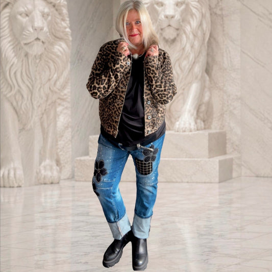 Jeansjacke "WILD LEO", beige/schwarz