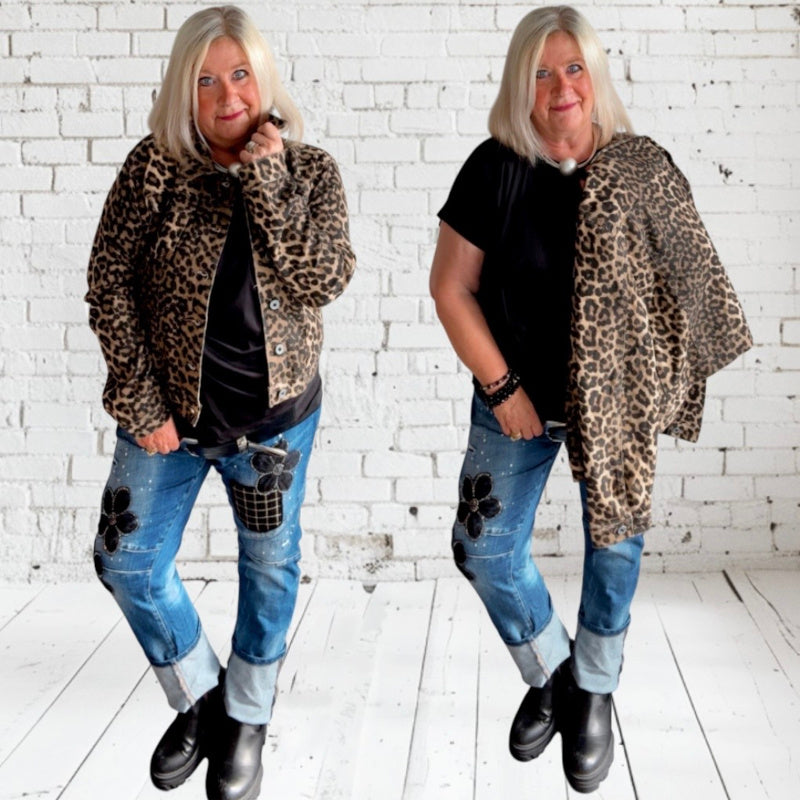 Jeansjacke "WILD LEO", beige/schwarz