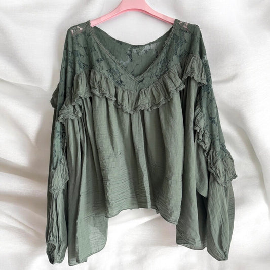 Blusen-Tunika "BOHO" mit Spitze und Volant, khaki