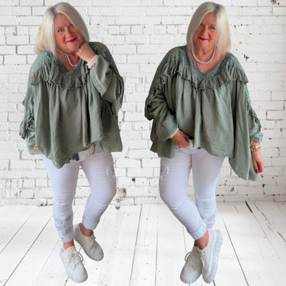 Blusen-Tunika "BOHO" mit Spitze und Volant, khaki