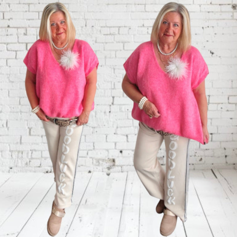 Marlene Jogger Hose "GOOD LUCK", beige