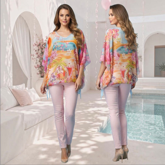 MISSY Poncho Shirt "TROPICAL", rosa/multi