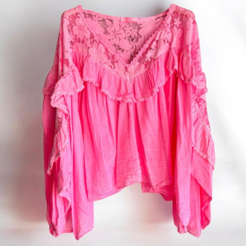 Blusen-Tunika "BOHO" mit Spitze und Volant, candy pink