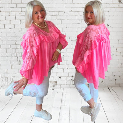 Blusen-Tunika "BOHO" mit Spitze und Volant, candy pink