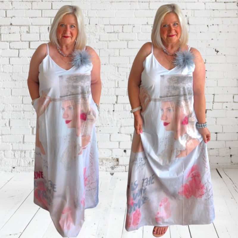 Maxikleid "WOMAN LOVE", hellgrau-rot