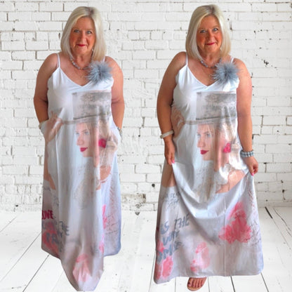 Maxikleid "WOMAN LOVE", hellgrau-rot