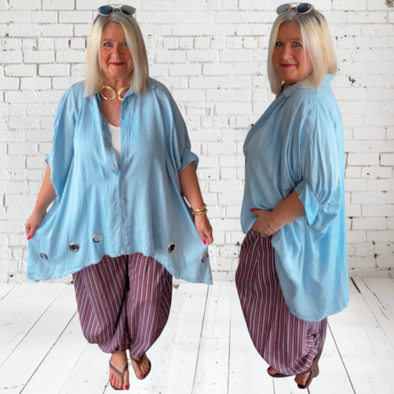 oversized Bluse "EYELETS" mit Ösen, light denim